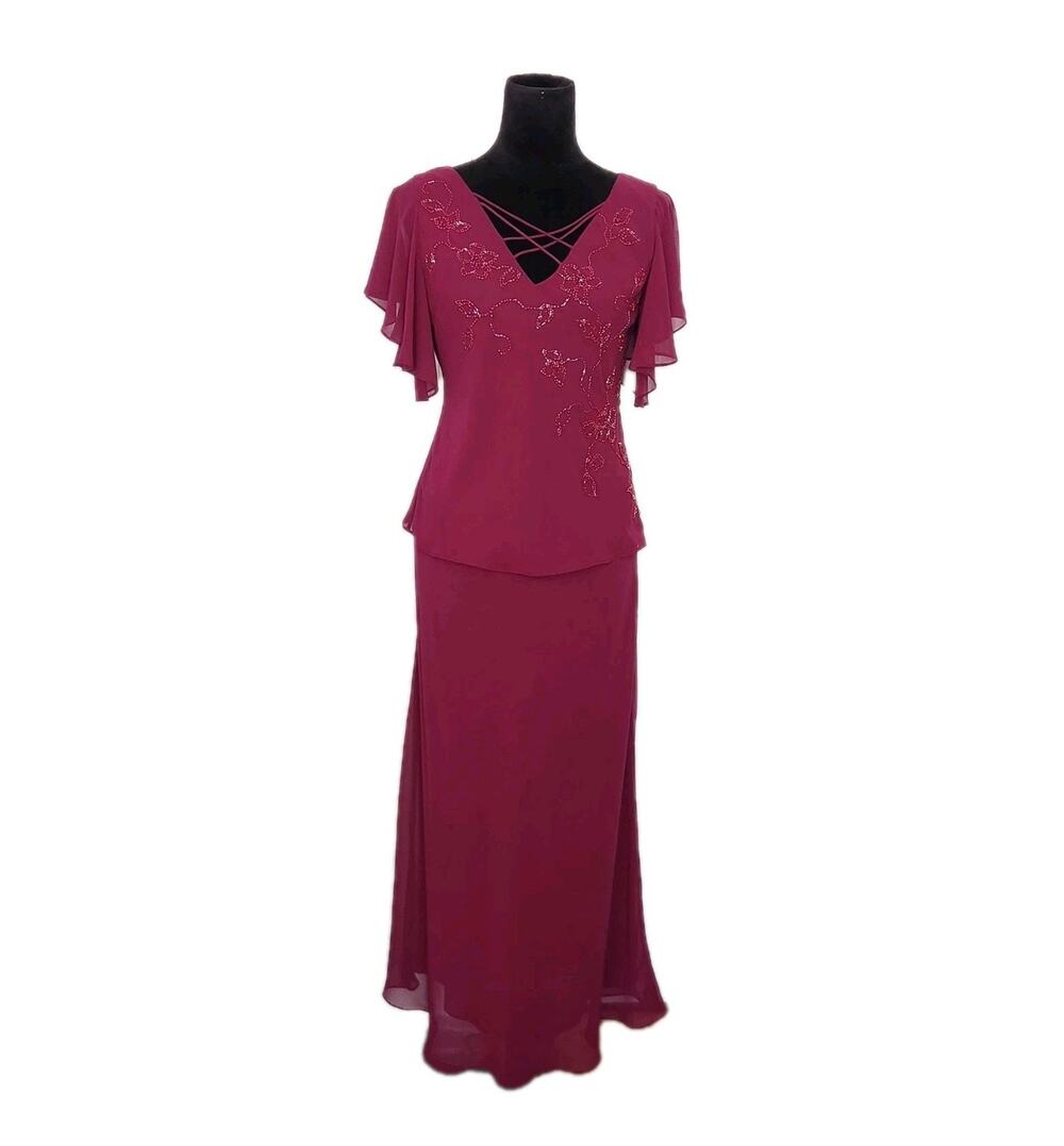 Adrianna Papell Vintage Women's Beaded Top & Maxi Skirt Set in Plum Size 6